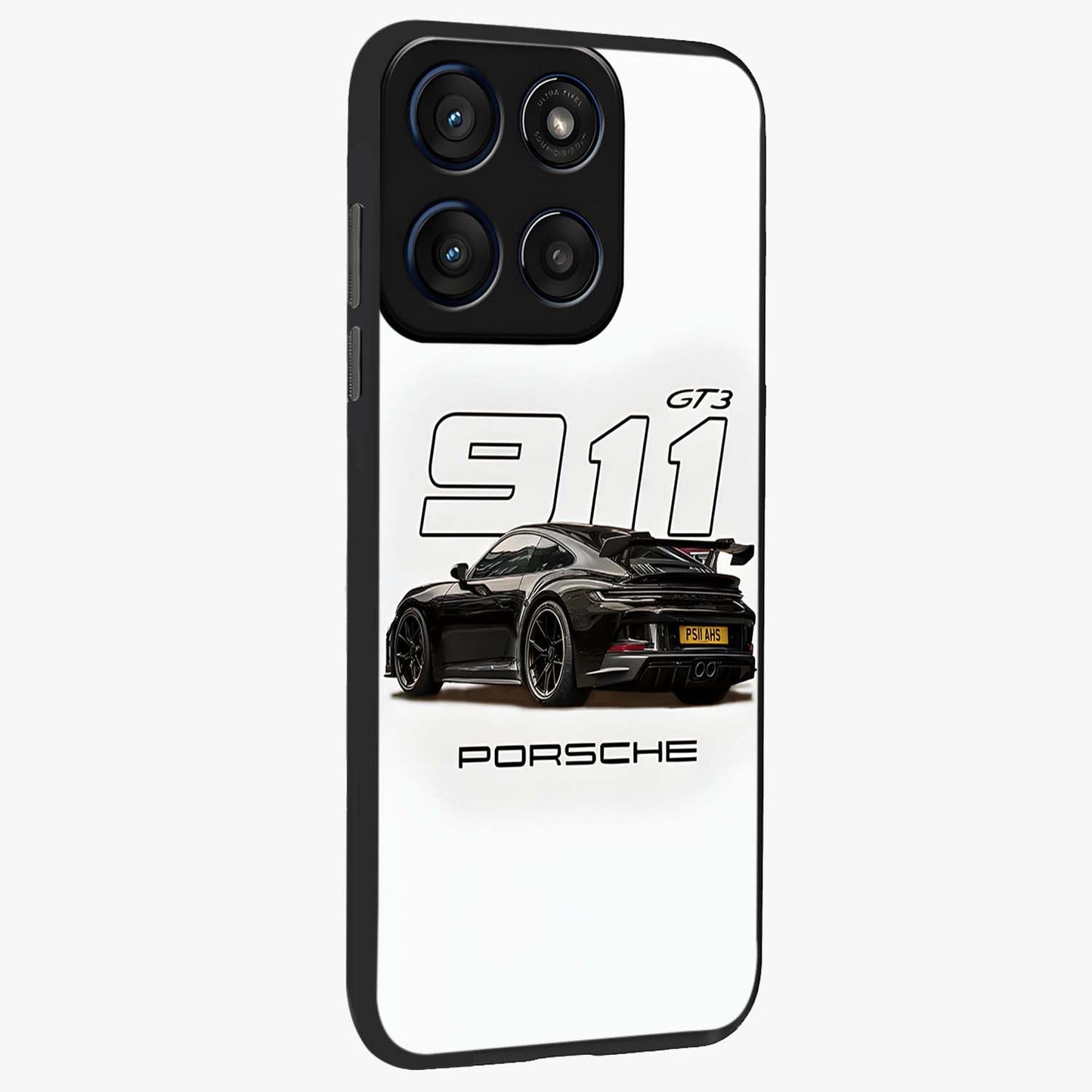 Turbo Legacy Icon Glass Case upright view showcasing bold racing inspired artwork with classic car theme.