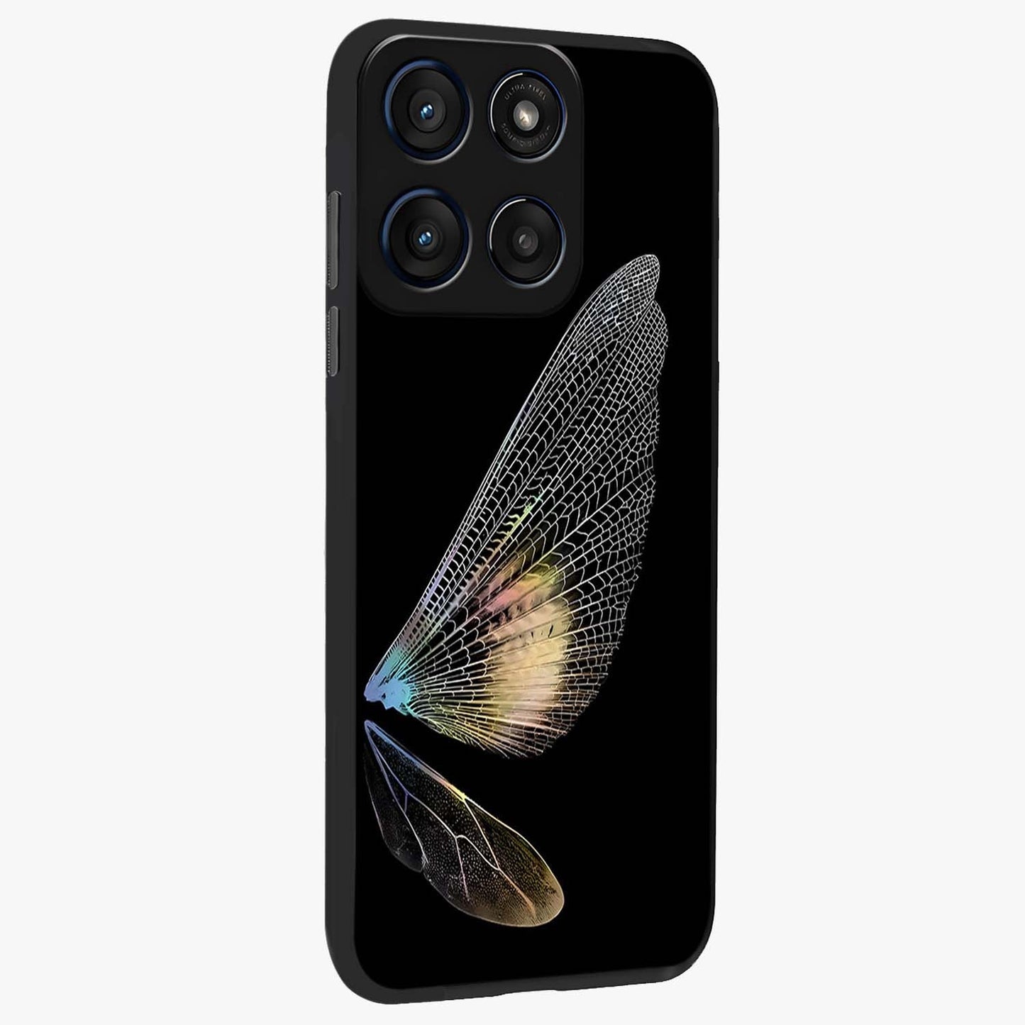 Whispers Of Wings Glass Case upright view showcasing elegant wing artwork with light airy theme.
