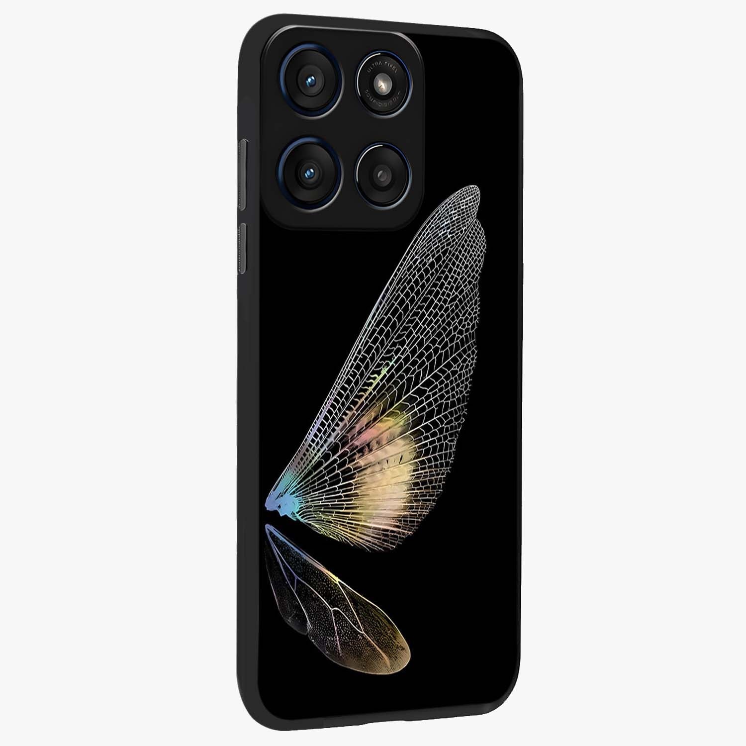 Whispers Of Wings Glass Case upright view showcasing elegant wing artwork with light airy theme.