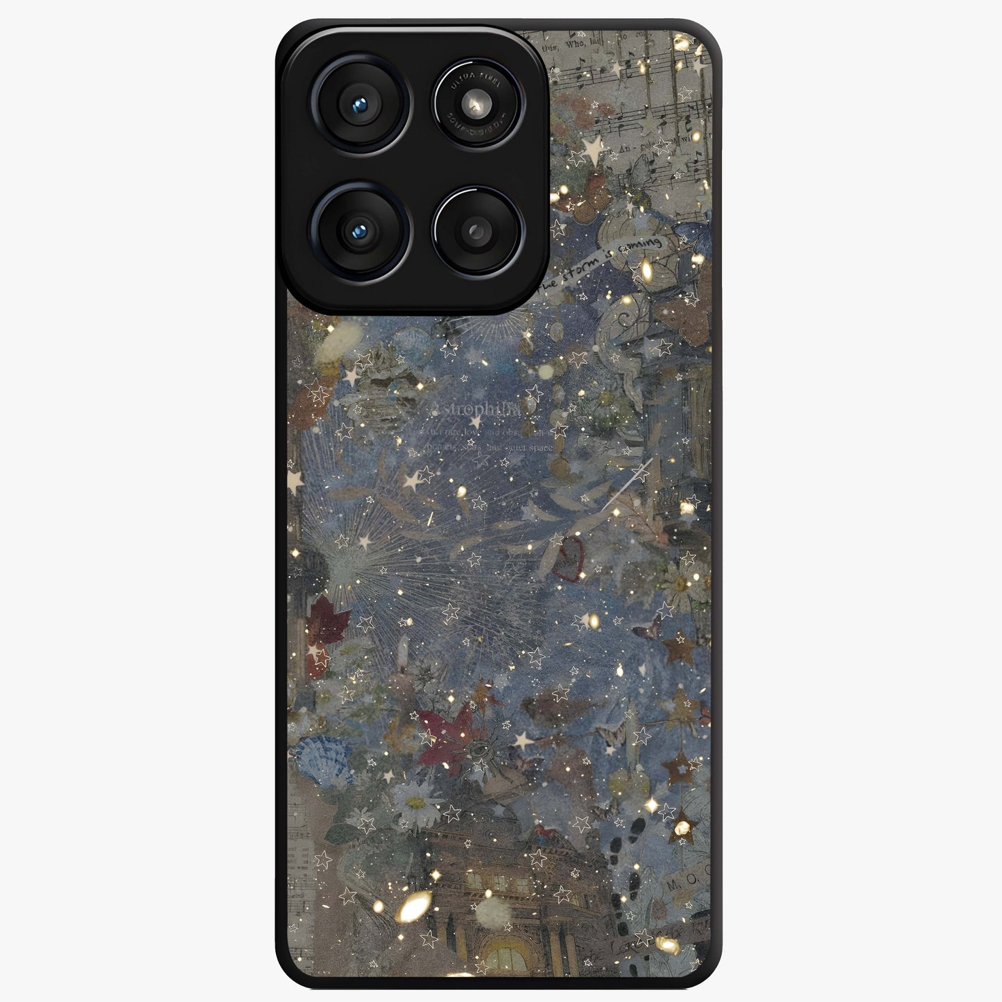Aesthetic Astrolophia Glass Case showing flat back view with dreamy aesthetic design and glossy glass finish.