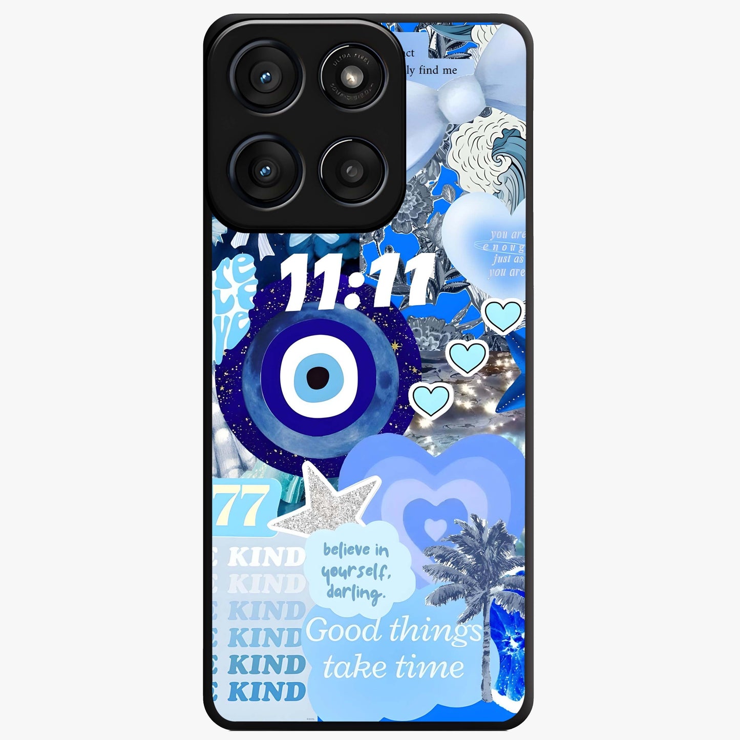 Aesthetic Be Kind Eye Glass Case showing flat back view with motivational eye artwork and glossy glass finish.