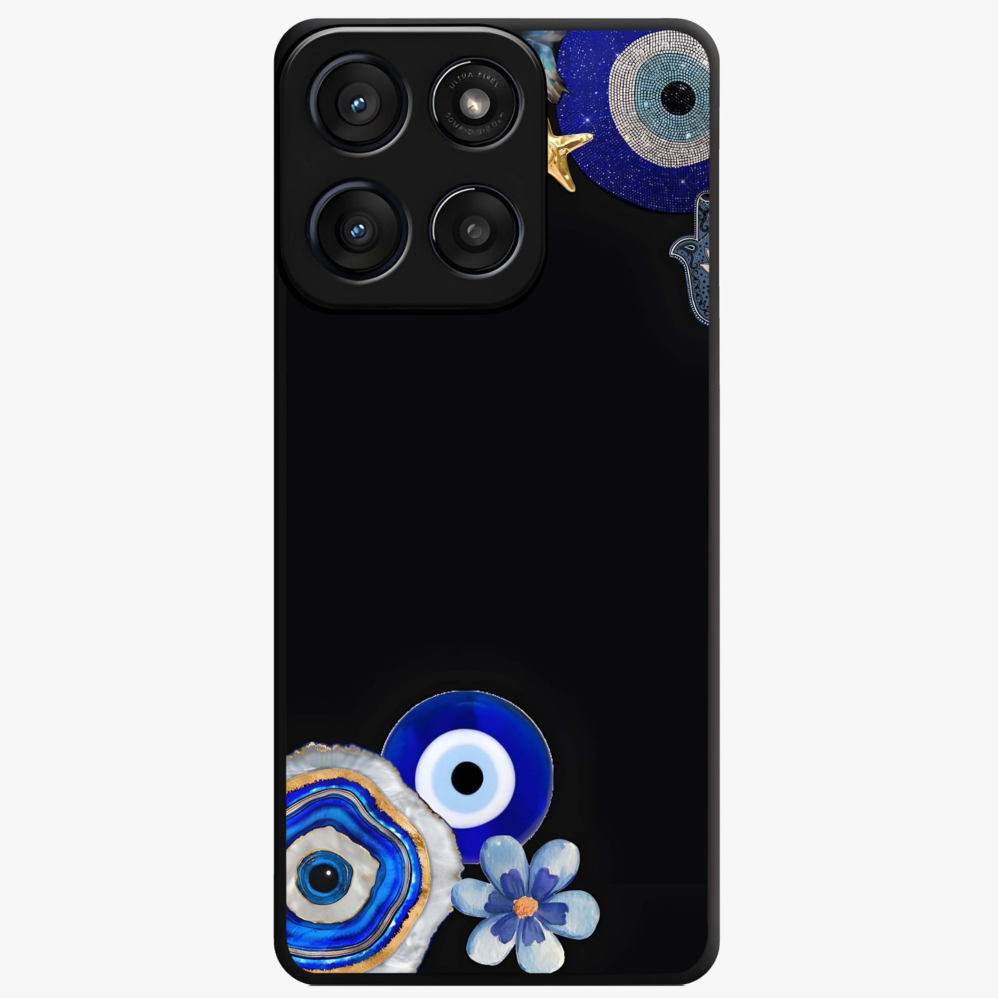 Aesthetic Blue Evil Eye Glass Case showing flat back view with protective evil eye artwork and glossy glass finish.