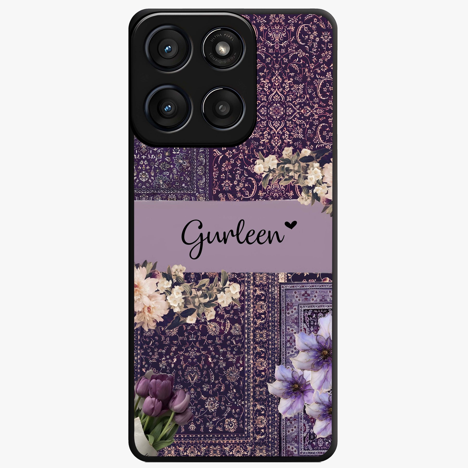 Antique Floral Whisper Custom Name Glass Case showing flat back view with vintage floral artwork and personalized name design.