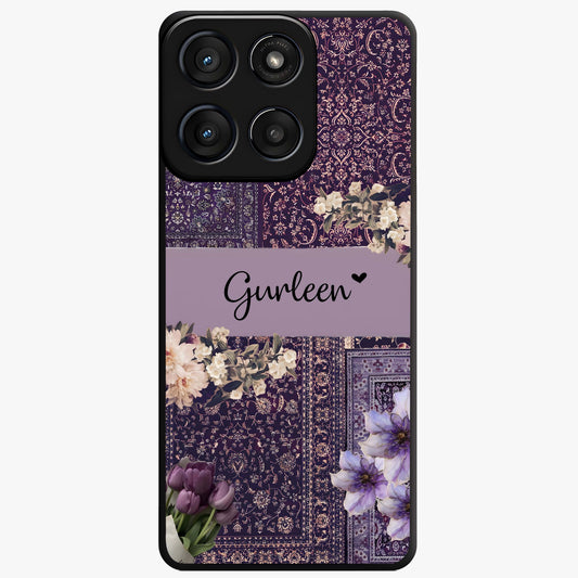 Antique Floral Whisper Custom Name Glass Case showing flat back view with vintage floral artwork and personalized name design.