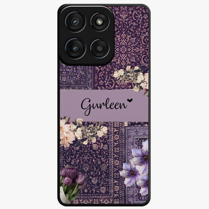Antique Floral Whisper Custom Name Glass Case showing flat back view with vintage floral artwork and personalized name design.