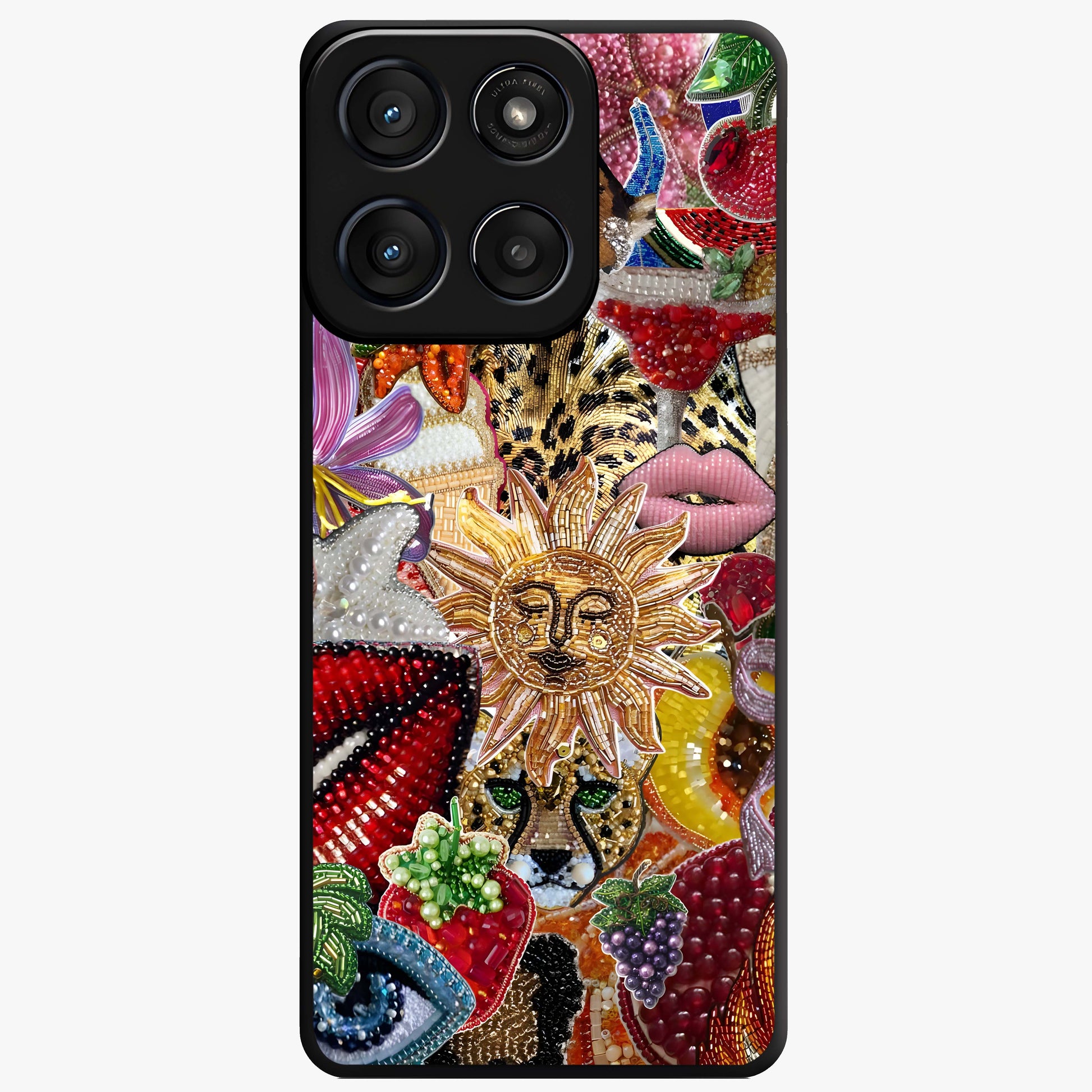 Beaded Fashion Jungle Glass Case showing flat back view with vibrant jungle inspired bead artwork and glossy glass finish.