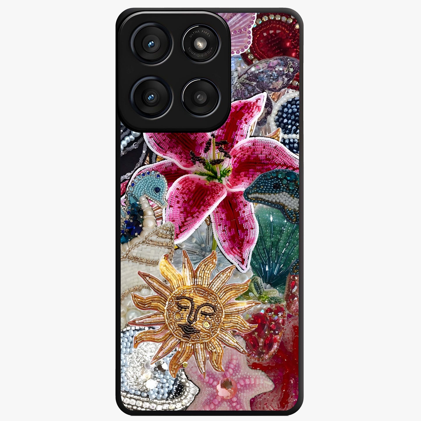 Beaded Garden Fantasy Glass Case showing flat back view with dreamy garden bead artwork and glossy glass finish.
