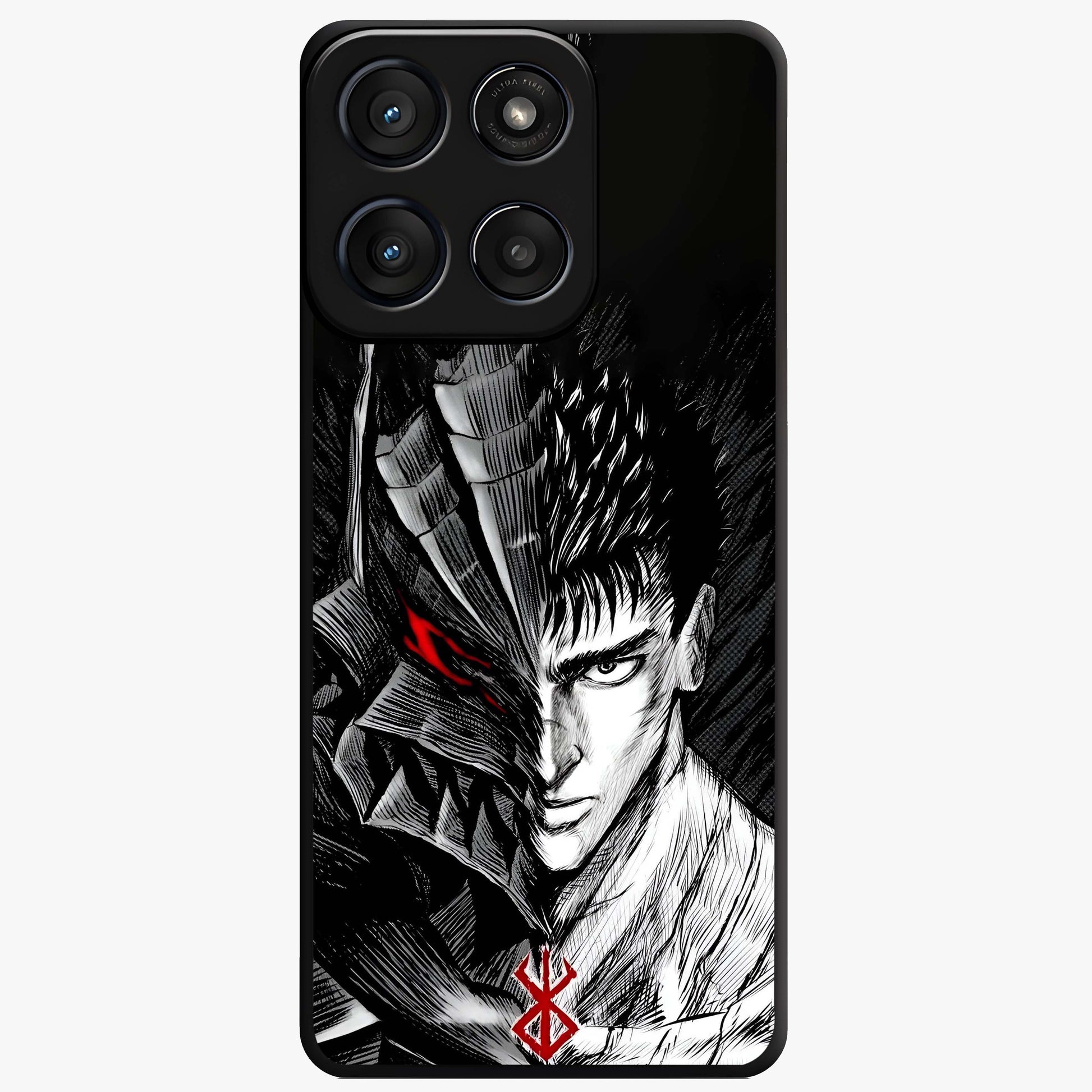 Berserker Blood Oath Glass Case showing flat back view with fierce warrior inspired artwork and glossy glass finish.