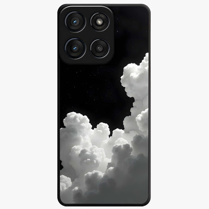 Black Background With White Cloud Glass Case showing flat back view with minimal cloud artwork on dark background and glossy glass finish.