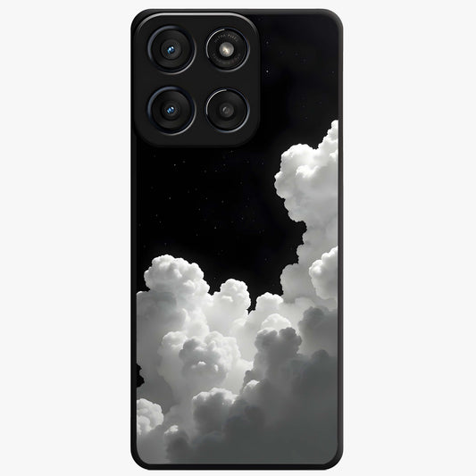 Black Background With White Cloud Glass Case showing flat back view with minimal cloud artwork on dark background and glossy glass finish.