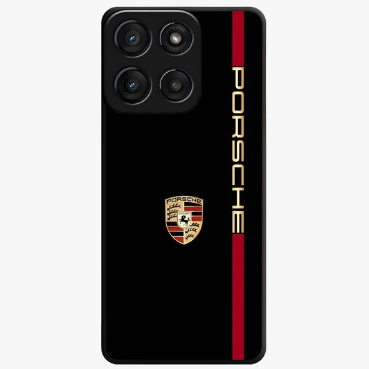 Black Minimal Porsche Glass Case showing flat back view with sleek minimal sports car artwork and glossy glass finish.