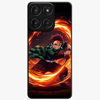 Blazing Sword Resolve Glass Case showing flat back view with fiery sword artwork and glossy glass finish.