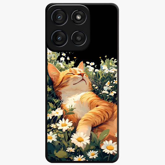 Blissful Bloom Cat Glass Case showing flat back view with cute cat and floral bloom artwork and glossy glass finish.