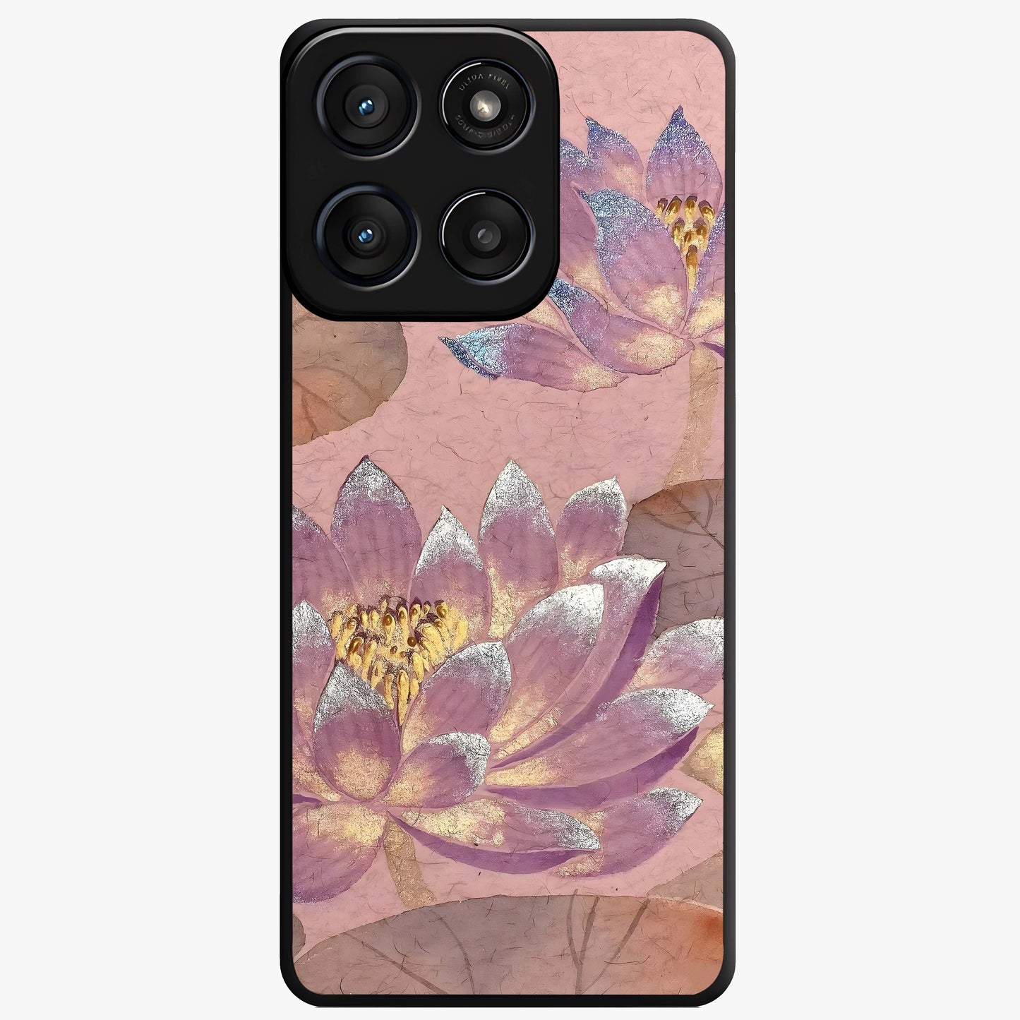 Blossom Mist Lotus Glass Case showing flat back view with serene lotus blossom artwork and glossy glass finish.