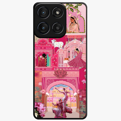 Blossoms of Rajasthan Glass Case showing flat back view with traditional floral artwork inspired by Rajasthan and glossy glass finish.