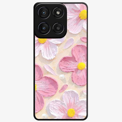 Blush Bloom Texture Glass Case showing flat back view with soft blush floral texture artwork and glossy glass finish.