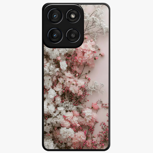 Blush Blossom Cloud Glass Case showing flat back view with dreamy blush cloud blossom artwork and glossy glass finish.