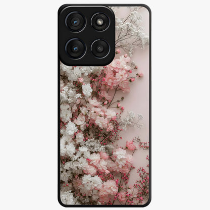 Blush Blossom Cloud Glass Case showing flat back view with dreamy blush cloud blossom artwork and glossy glass finish.