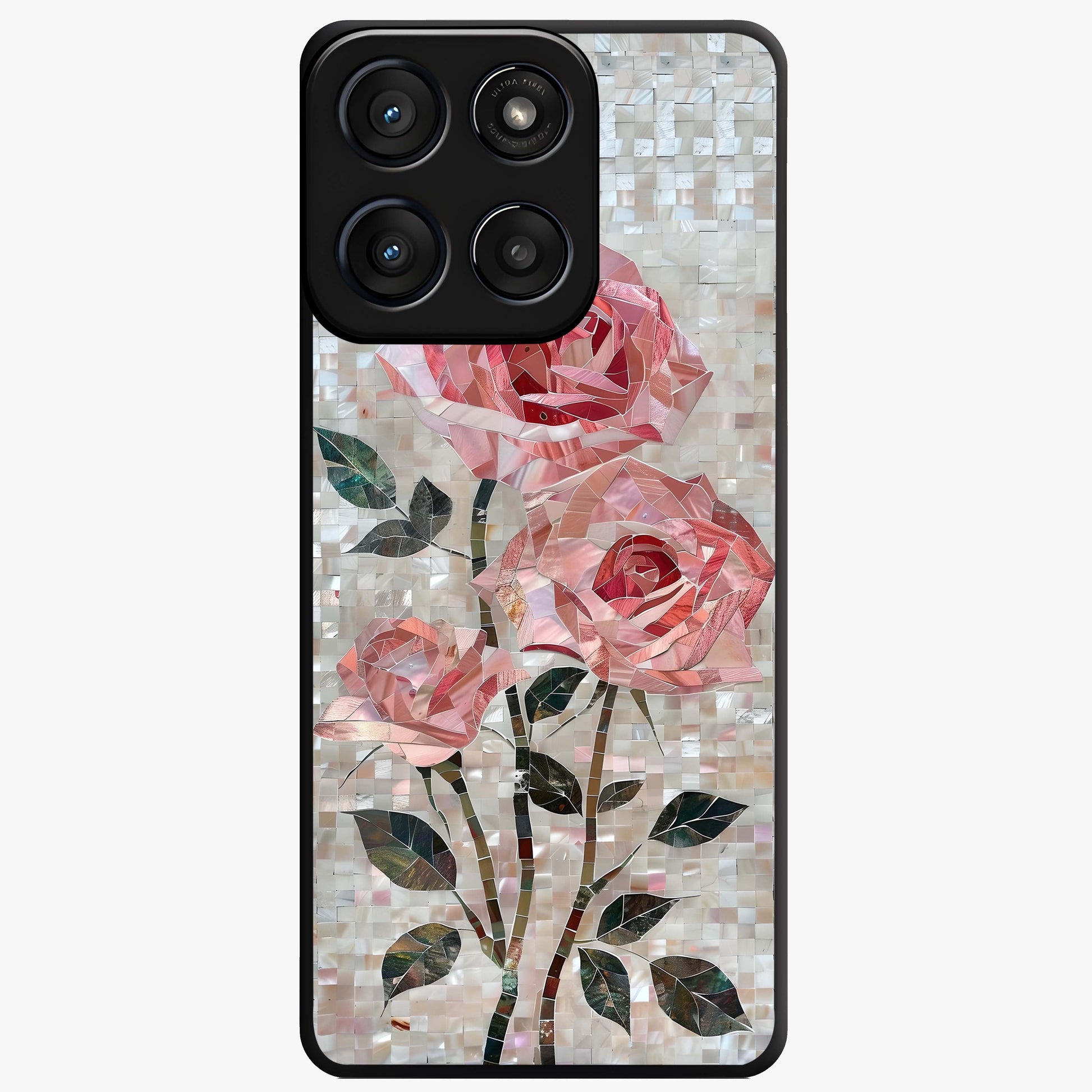 Blush Mosaic Bloom Glass Case showing flat back view with mosaic floral bloom artwork and glossy glass finish.