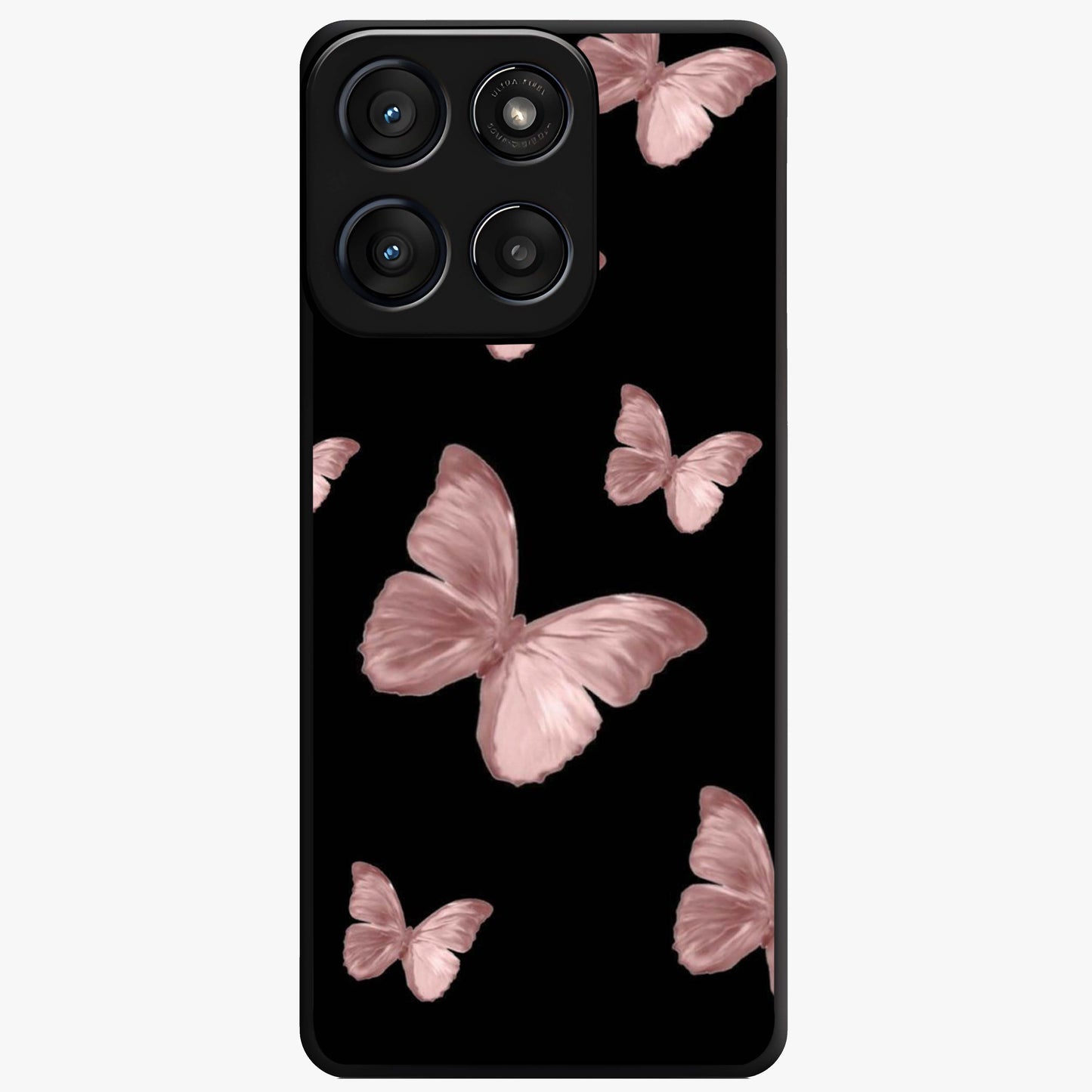 Butterfly Pattern Glass Case showing flat back view with elegant butterfly pattern artwork and glossy glass finish.