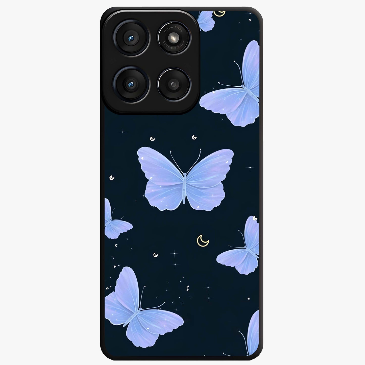 Butterfly With Stars Pattern Glass Case showing flat back view with butterfly and star pattern artwork and glossy glass finish.