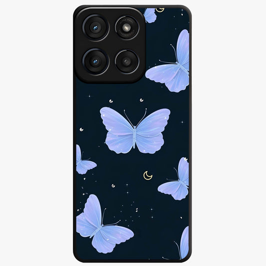 Butterfly With Stars Pattern Glass Case showing flat back view with butterfly and star pattern artwork and glossy glass finish.