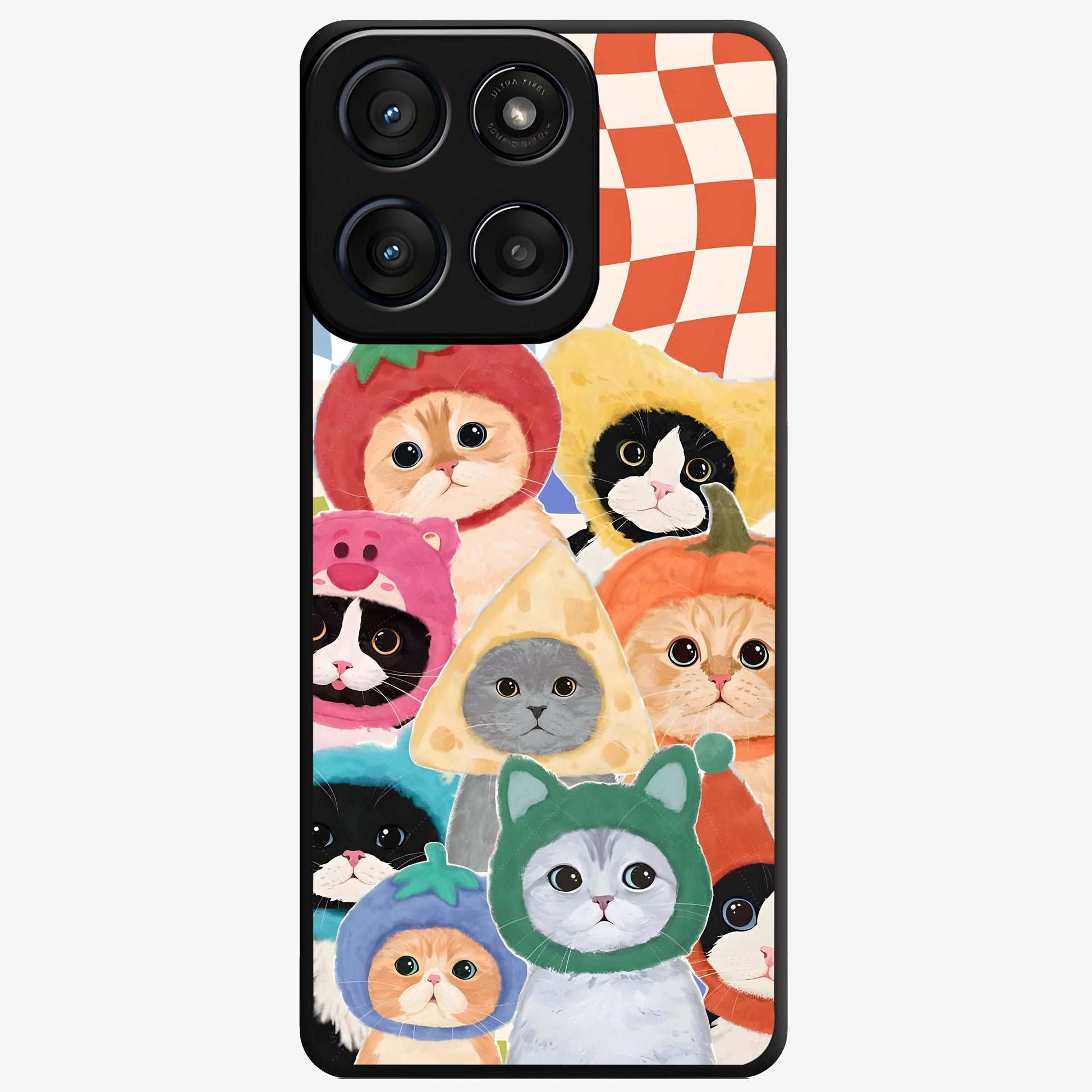 Cats in Fruits Glass Case showing flat back view with playful cat illustrations inside fruit artwork and glossy glass finish.