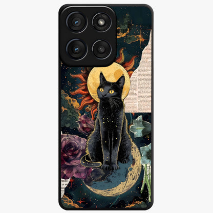Celestial Black Cat Glass Case showing flat back view with mystical black cat artwork and glossy glass finish.