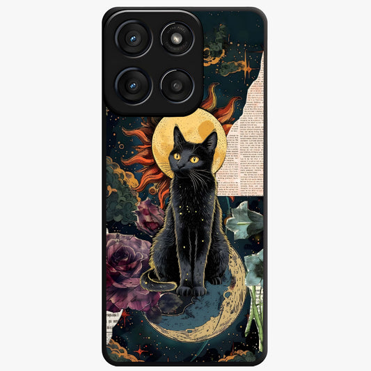 Celestial Black Cat Glass Case showing flat back view with mystical black cat artwork and glossy glass finish.