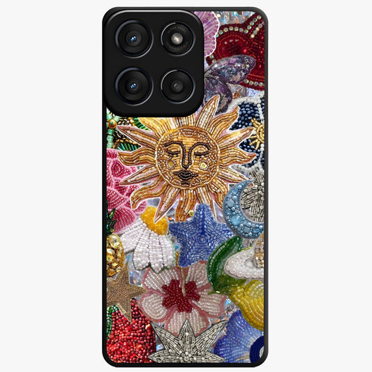 Celestial Floral and Playful Glass Case showing flat back view with floral and celestial themed artwork and glossy glass finish.