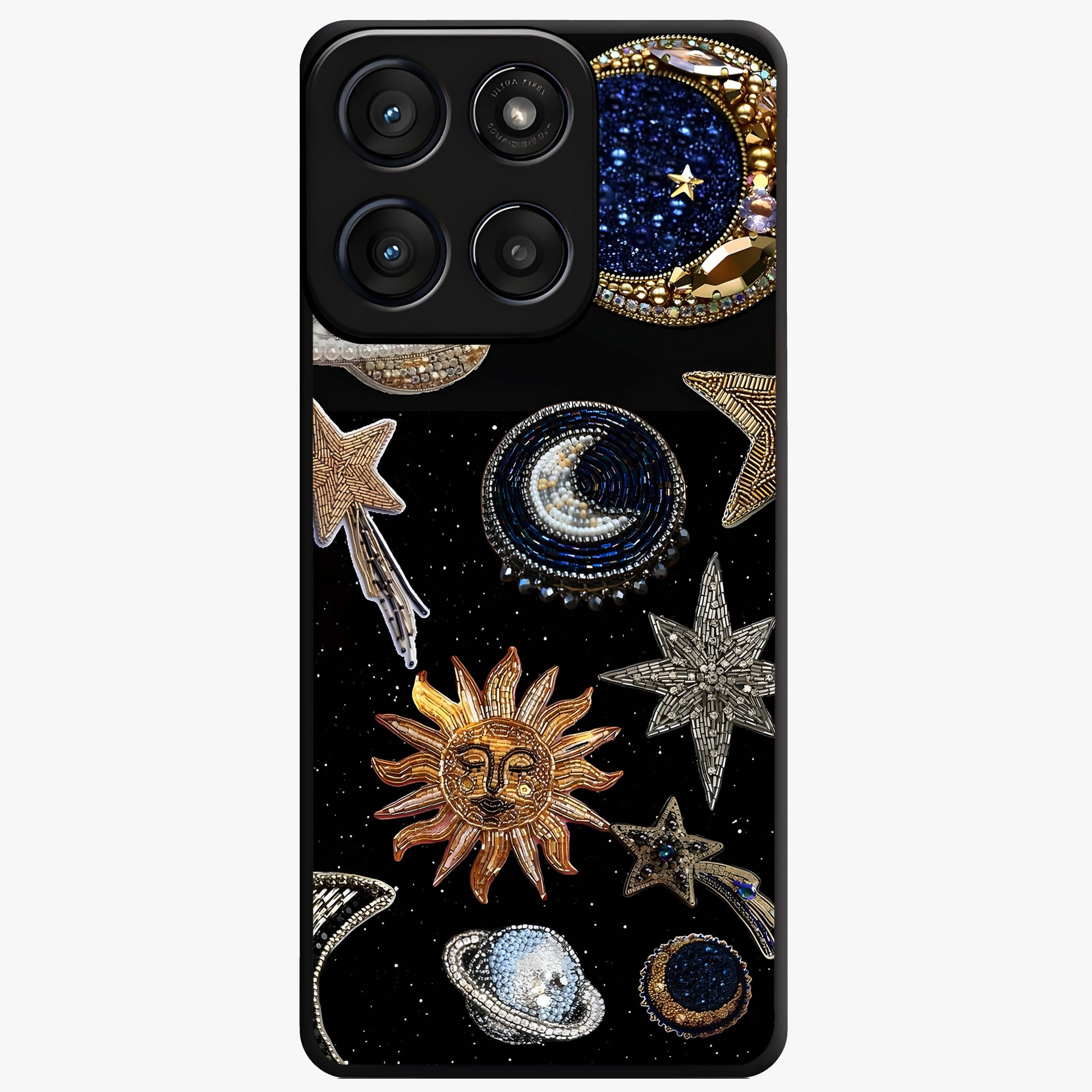 Celestial Gem Constellations Glass Case showing flat back view with sparkling constellation artwork and glossy glass finish.