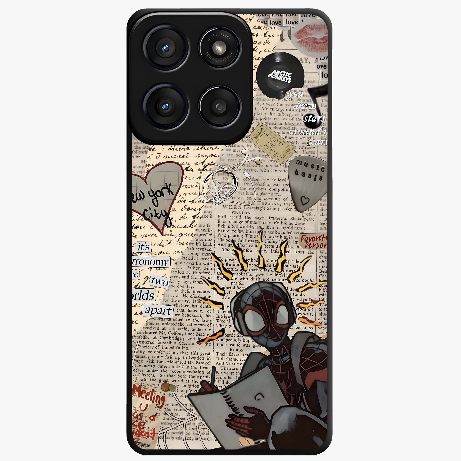 City Dream Sketch Glass Case showing flat back view with artistic city skyline sketch artwork and glossy glass finish.