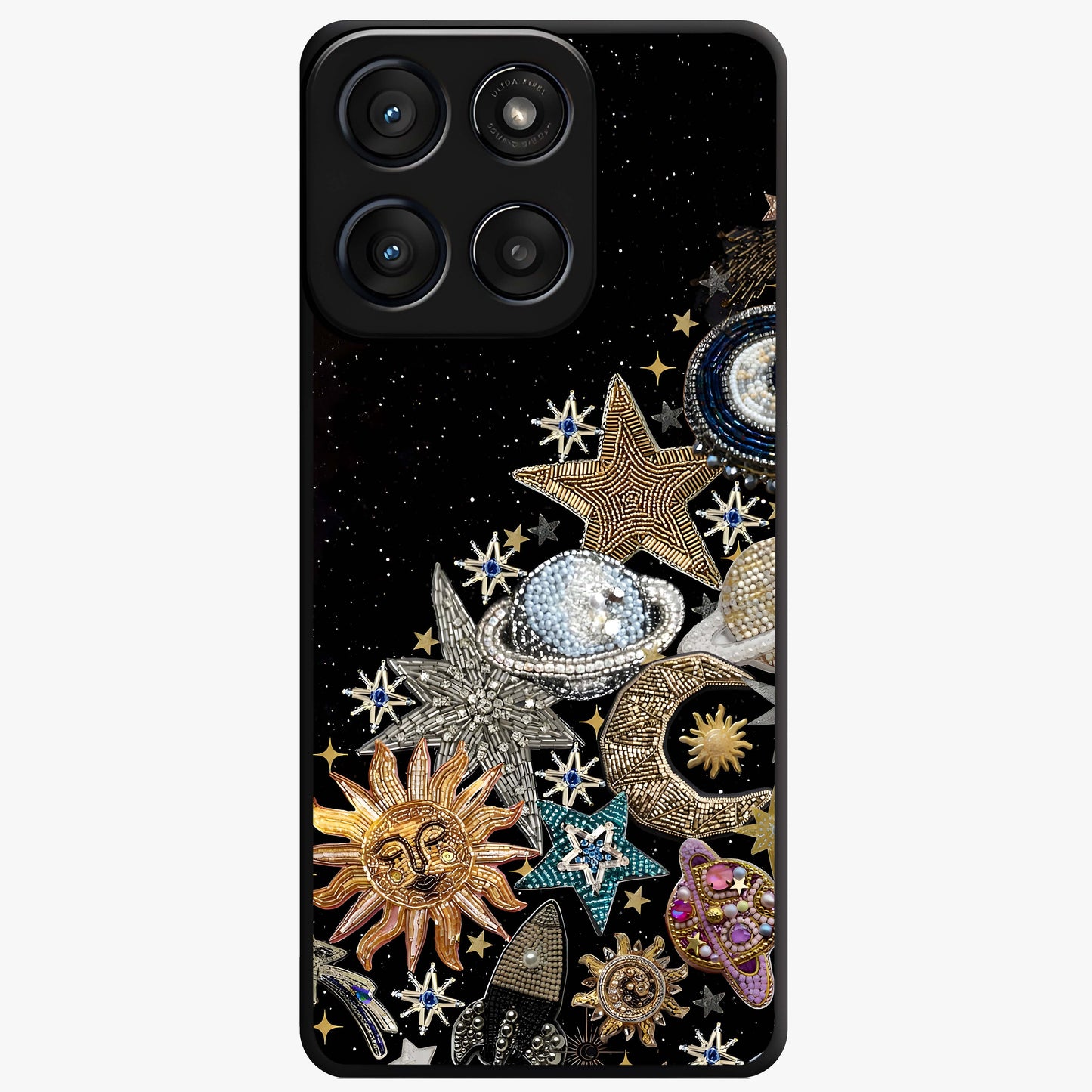 Cosmic Sparkle Dreams Glass Case showing flat back view with sparkling cosmic artwork and glossy glass finish.