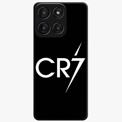 Cr7 Elite Strike Glass Case showing flat back view with dynamic football inspired artwork and glossy glass finish.