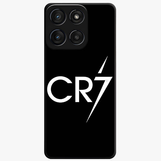 Cr7 Elite Strike Glass Case showing flat back view with dynamic football inspired artwork and glossy glass finish.