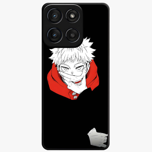 Crimson Chaos Smile Glass Case showing flat back view with bold chaotic smile artwork and glossy glass finish.
