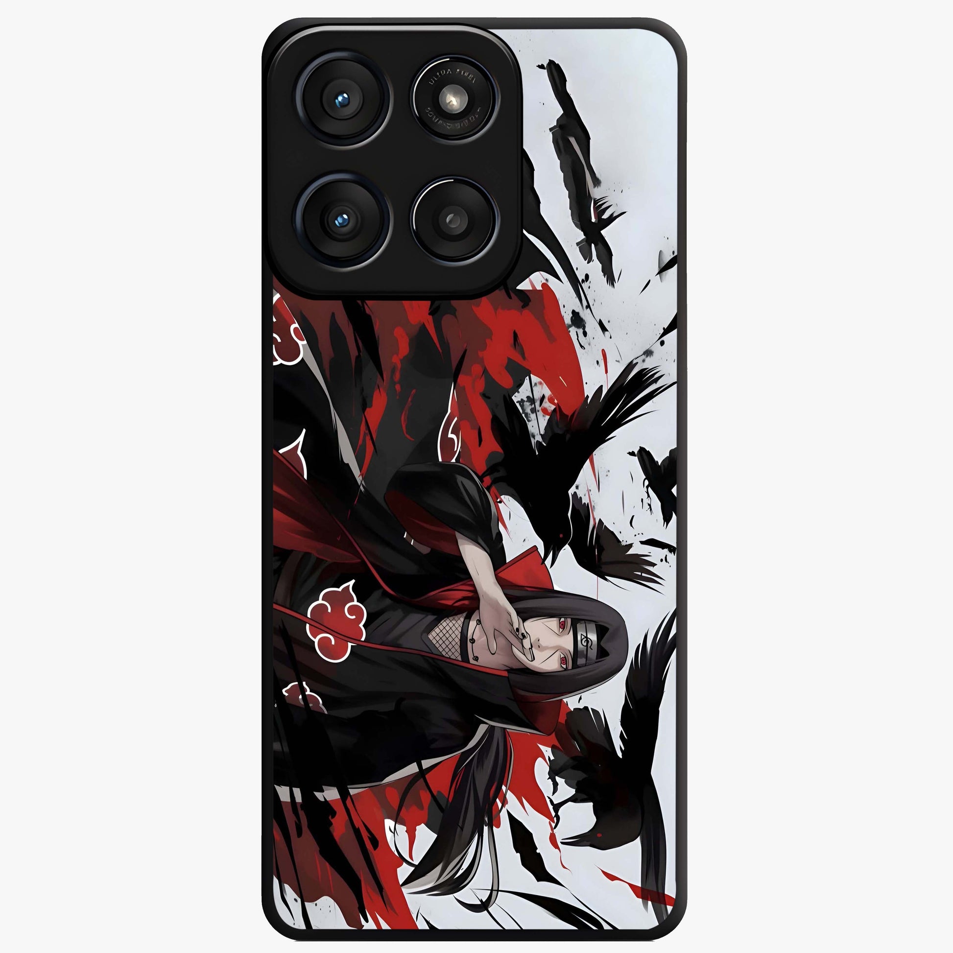 Crimson Crow Illusion Glass Case showing flat back view with artistic crow illusion artwork and glossy glass finish.