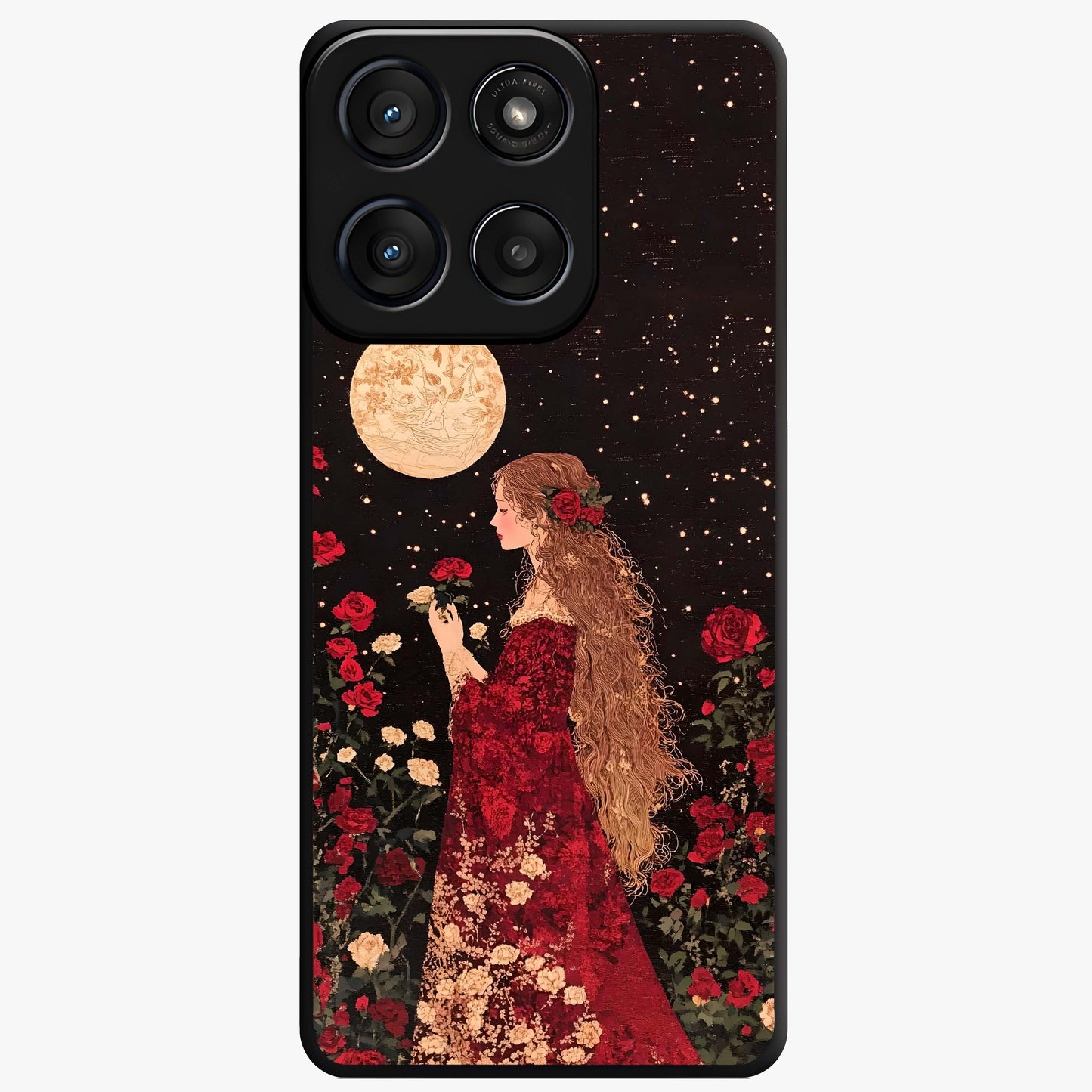 Crimson Dreams Glass Case showing flat back view with dreamy crimson artwork and glossy glass finish.