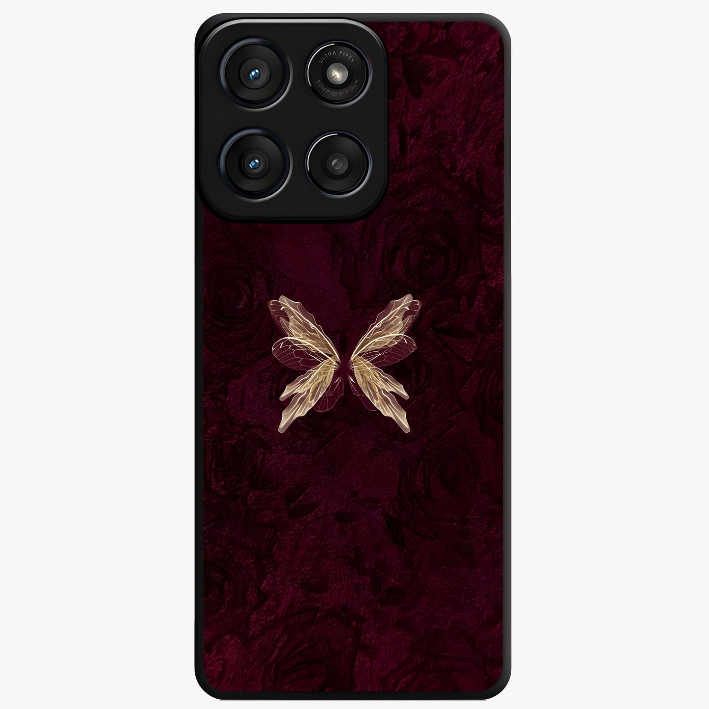 Crimson Fade Butterfly Glass Case showing flat back view with fading butterfly artwork and glossy glass finish.