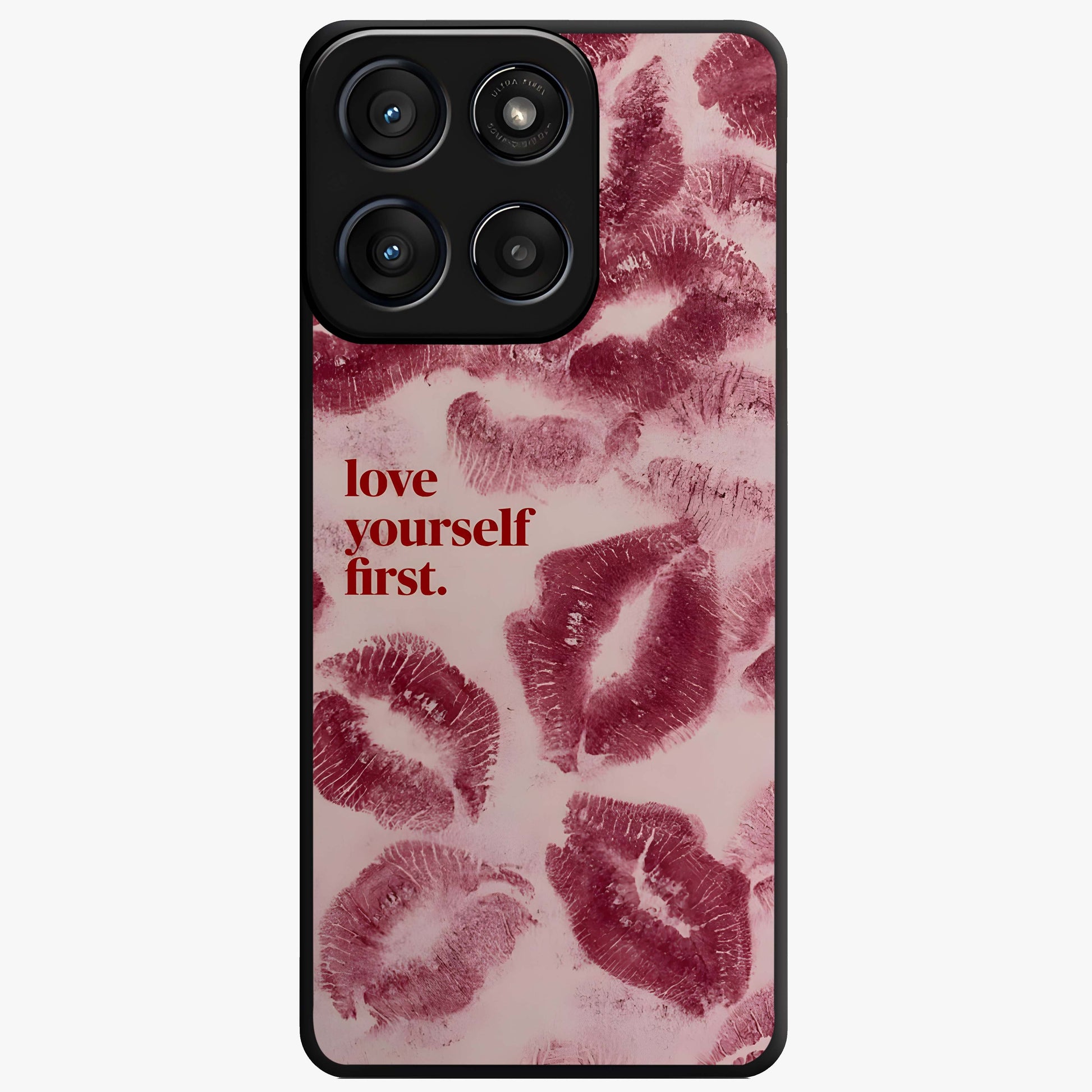 Crimson Kiss Love Glass Case showing flat back view with romantic crimson themed artwork and glossy glass finish.
