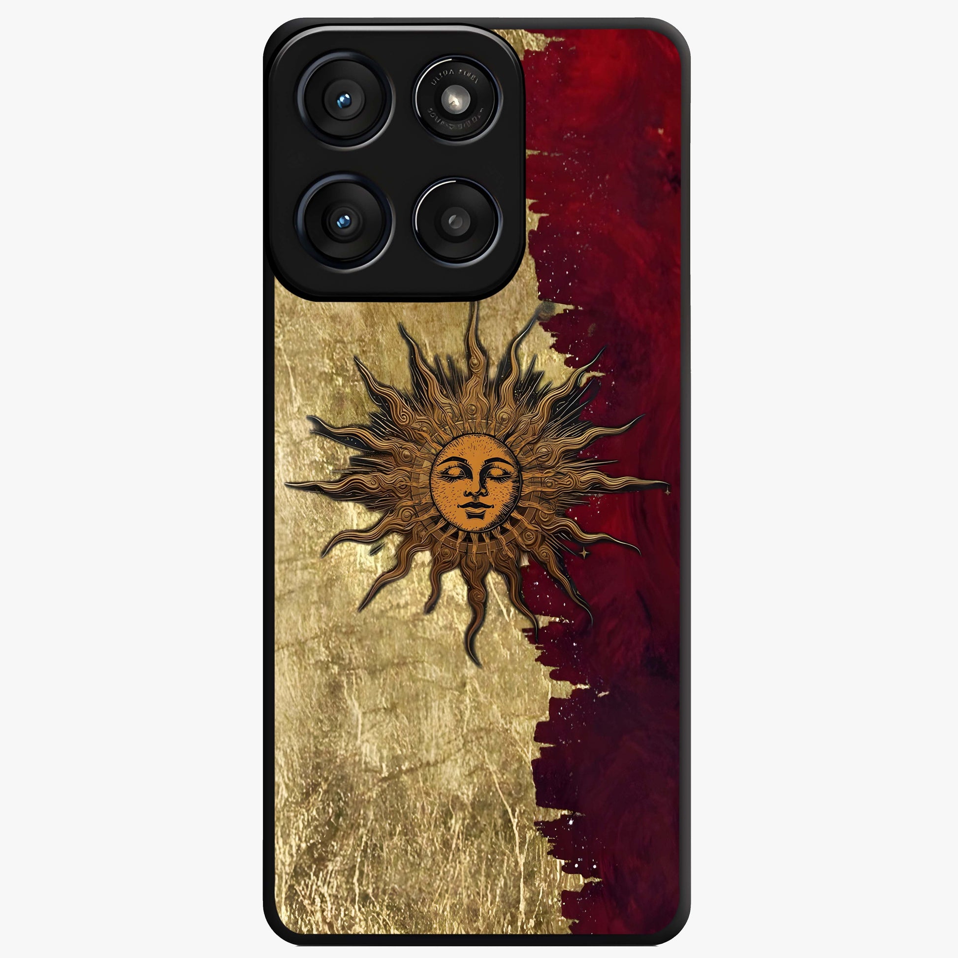 Crimson Sun Majesty Glass Case showing flat back view with radiant sun inspired artwork and glossy glass finish.