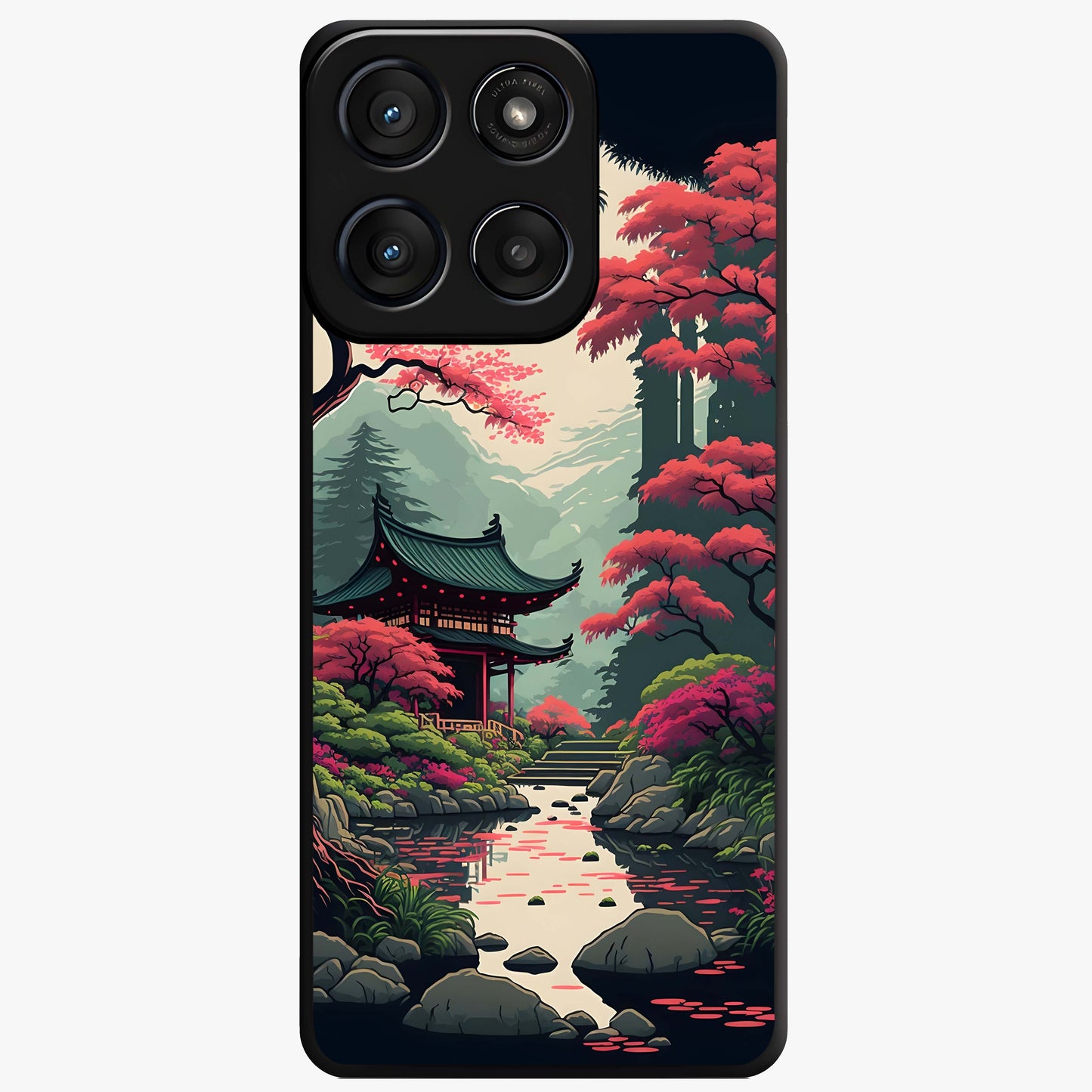 Crimson Temple View Glass Case showing flat back view with temple inspired artwork and glossy glass finish.