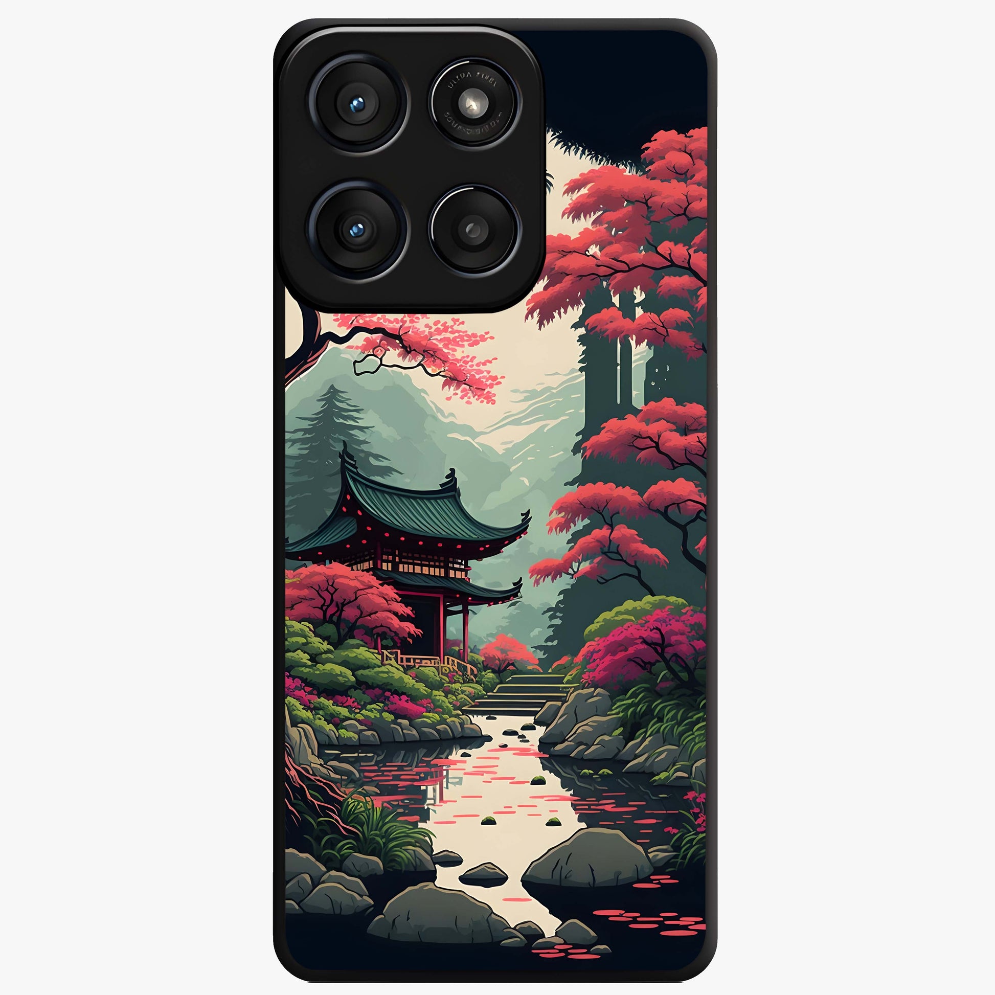 Crimson Temple View Glass Case showing flat back view with temple inspired artwork and glossy glass finish.