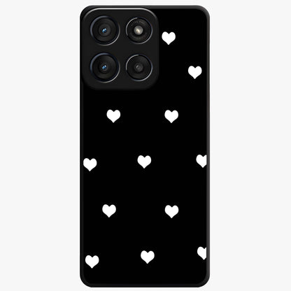 Cute And Simple White Hearts Glass Case showing flat back view with minimal white heart pattern and glossy glass finish.