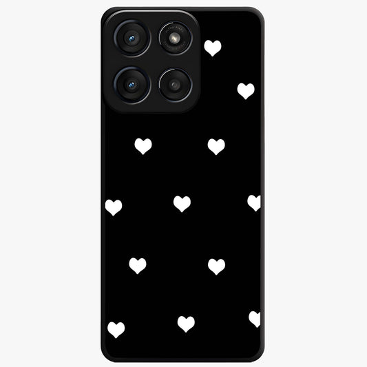 Cute And Simple White Hearts Glass Case showing flat back view with minimal white heart pattern and glossy glass finish.
