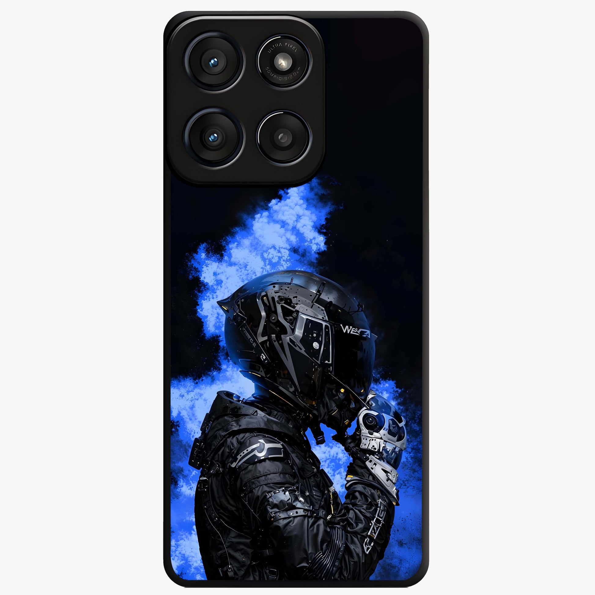 Cyber Sentinel Protocol Glass Case showing flat back view with futuristic cyber themed artwork and glossy glass finish.