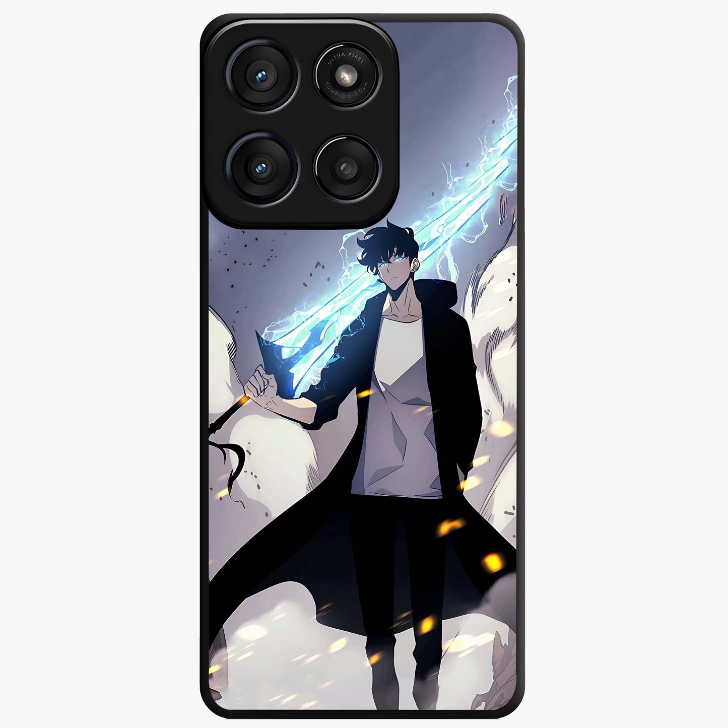 Dark Lightning Anime Warrior Glass Case showing flat back view with intense anime warrior artwork and glossy glass finish.