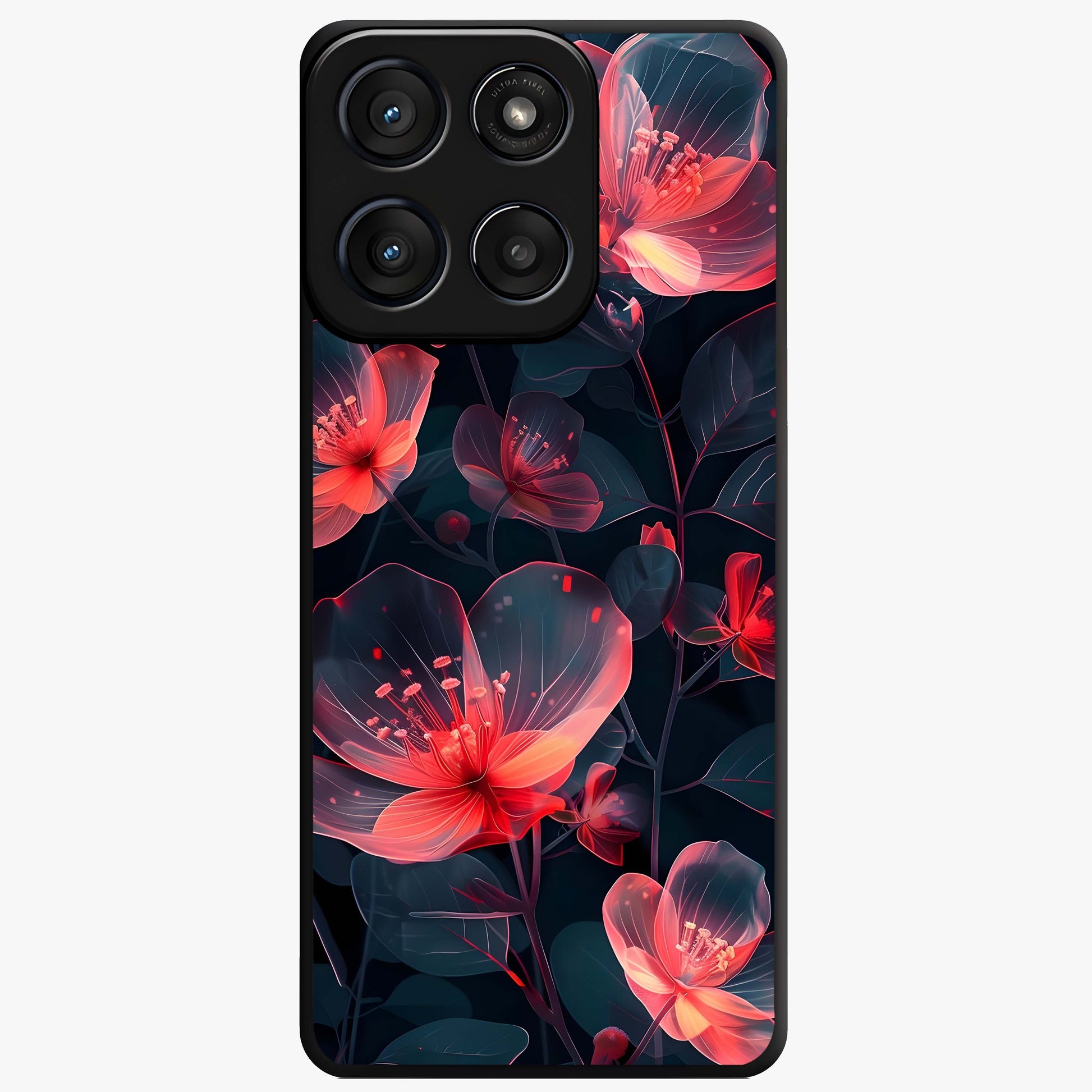 Dark Shade of Flower Glass Case showing flat back view with elegant dark floral artwork and glossy glass finish.