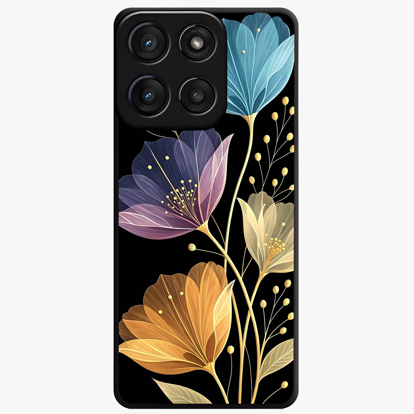 Delicate Multicolor Flowers Glass Case showing flat back view with vibrant floral artwork and glossy glass finish.