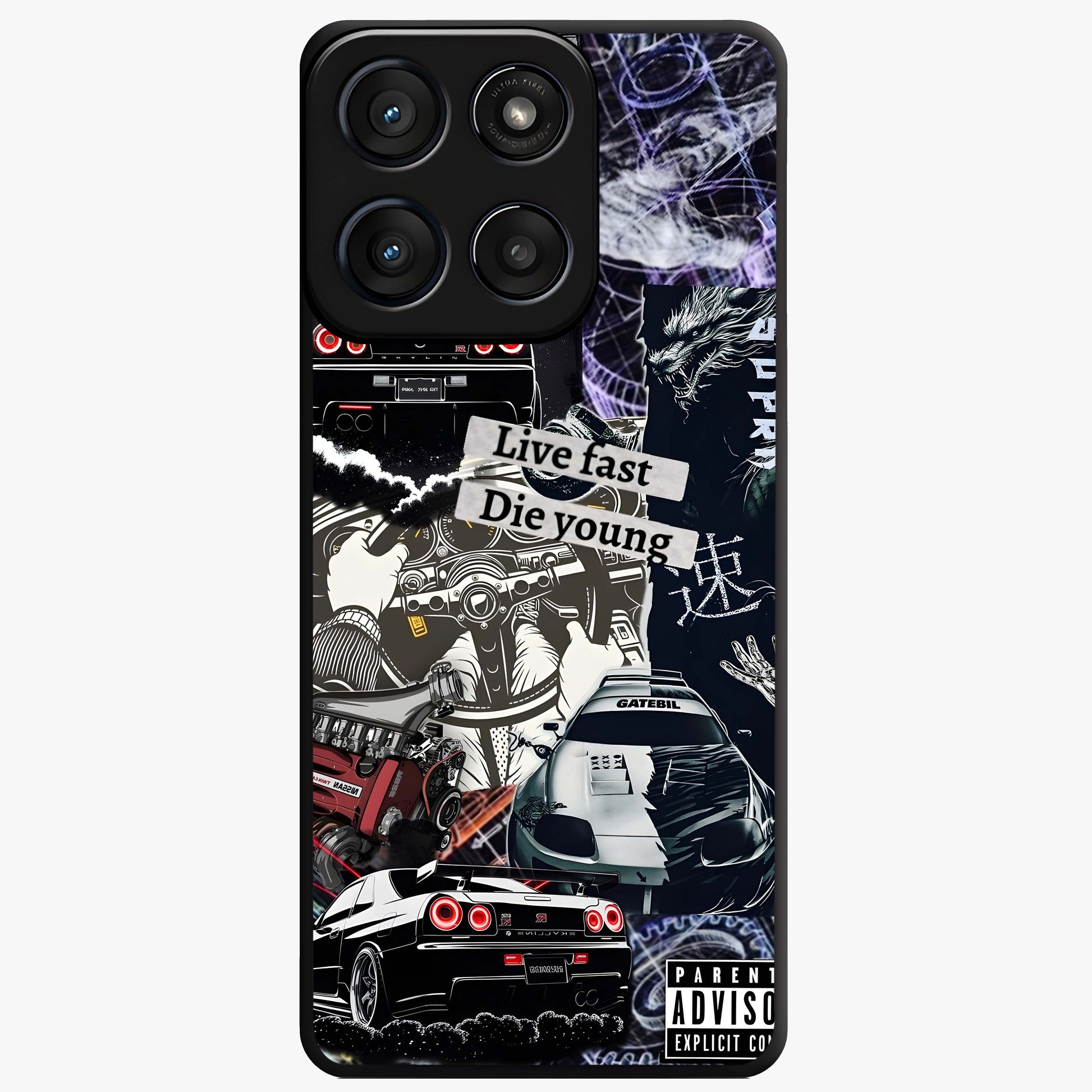 Die Young Glass Case showing flat back view with bold artistic typography design and glossy glass finish.